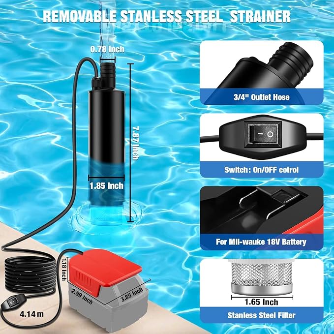 M18 Battery Water Pump, Cordless Submersible Utility Pump, High Flow Water Transfer Pump for Milwauke M-18 Battery, Ideal for Pool, Hot Tub, Tank Draining, Outdoor Camping & Household Water Removal