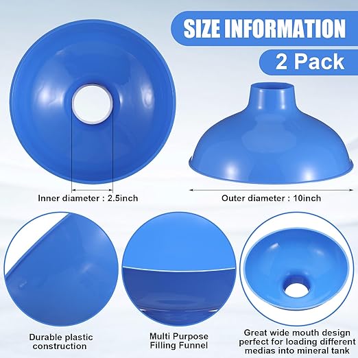 Vesici 2 Pack Extra Large Wide Mouth Funnel 2.5" x 10" Multi Purpose Filling Funnel Plastic Reusable for Water Softener Resin Tanks Carbon Media Jar Filling Use (Blue)