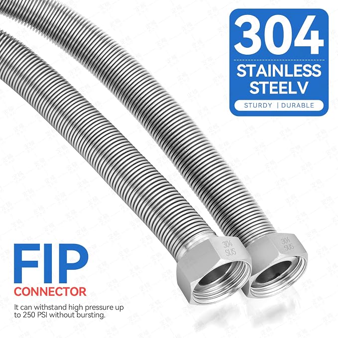 36 Inch Flexible Stainless Steel Corrugated Water Heater Connector Hose,3/4" FIP x 3/4" FIP,304 Stainless Steel Leak-Proof Flexible Line for Tankless Water Heater,Water Softener,RV,Boiler(1PCS)