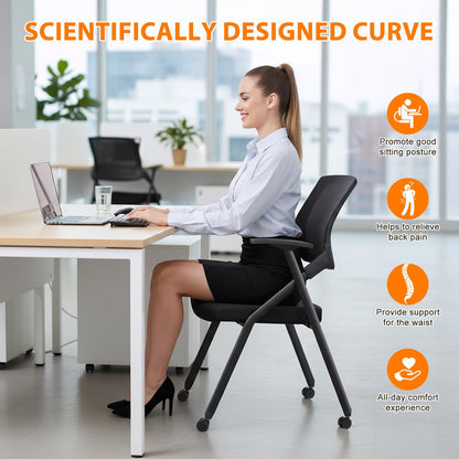 Ergonomic Foldable Office Chair with Breathable Mesh Back, Stackable Conference Chair - PU Wheels & Armrest for Guest, Meeting, Reception (Black)
