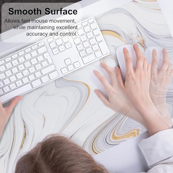 QIYI White Mouse Pad, Cute Marble Large Desk Mat, PU Leather Desk Protector Mousepad, Gold Grey Striped Waterproof Computer Keyboard Gaming Mouse Pads, Non Slip Extended Writing Pad 31.5" x 15.7"