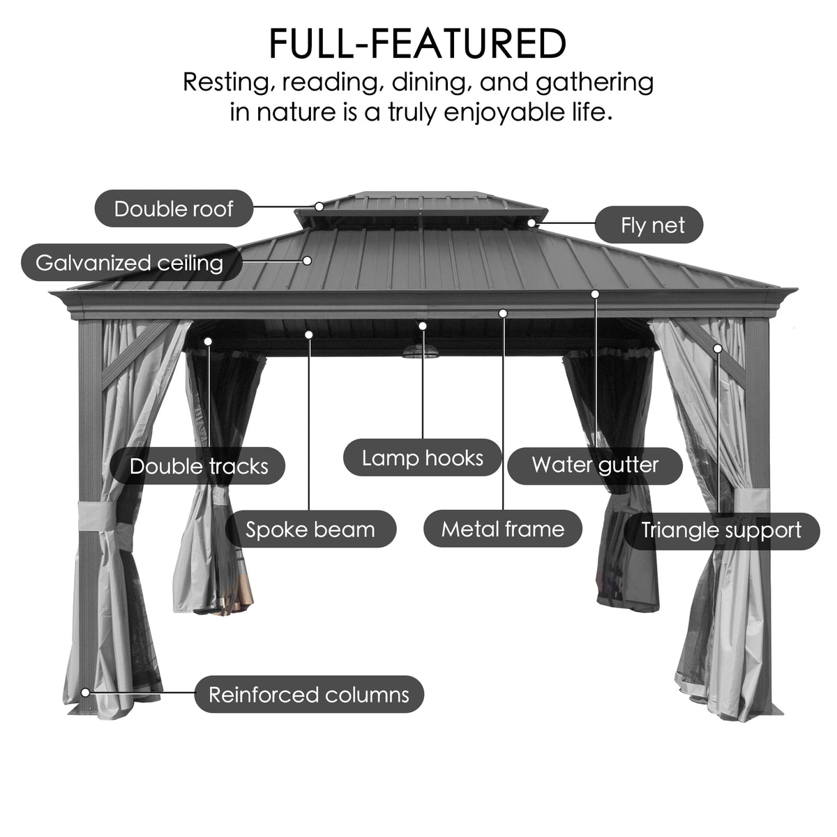 12' x 16' Hardtop Gazebo, Aluminum Frame with Galvanized Steel Double Roof, Outdoor Permanent Pavilion with Curtains and Netting for Patio, Backyard, Deck, Lawn (Gray)