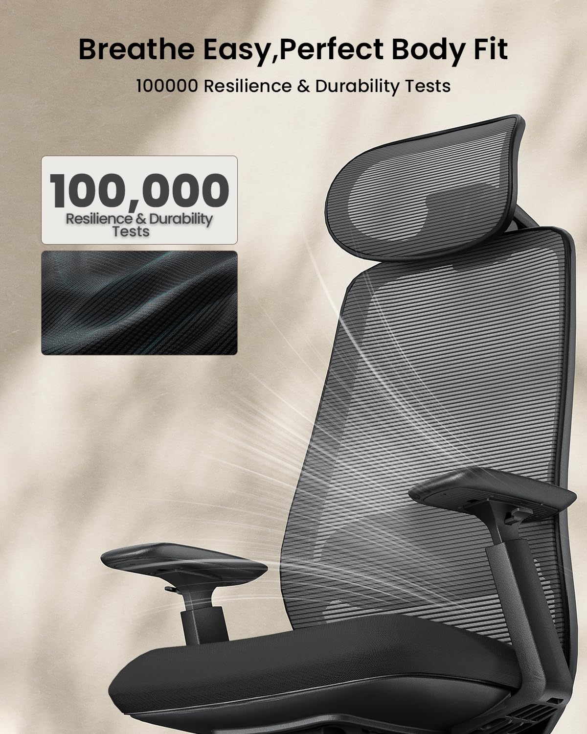 Ergonomic Office Chair – EC200 High-Back Mesh Computer Chair with Lumbar Support, 3D Adjustable Headrest & Sliding Seat for 8+ Hour Comfort, Big & Tall Home Office Desk Chairs - Black