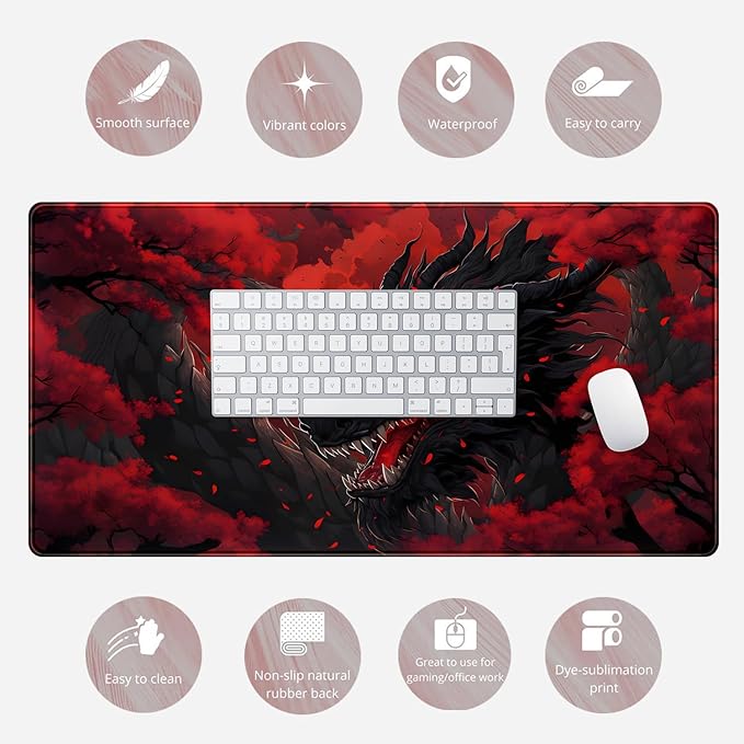 Huge Dragon Large Mouse Pad - Red and Black Mousepad, Big Full Keyboard and Mouse Pad with Stitched Edges, Anti-Slip, Funny Desk Pad, 31.5 X 15.8 in.