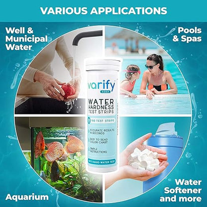 Varify Water Hardness Test Kit - Water Testing Kit for Home, Drinking, Well, Spa, Swimming Pool, Softener, Dishwasher & More - Hard Water Test Strips for Calcium, Magnesium etc (0-425 pmm, 150 Strips)