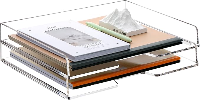 SANRUI Stackable Paper Tray,Acrylic File Organizer,Paper Tray Organizer for Desk,Clear Office Desk Organization for Office, Home or School，2 Tier