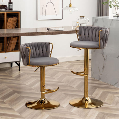 Gold Velvet Bar Stools Set of 2, Swivel Counter Height Bar Stools with Back, Adjustable Woven Barstools for Kitchen Island, Pub, Club (Grey)