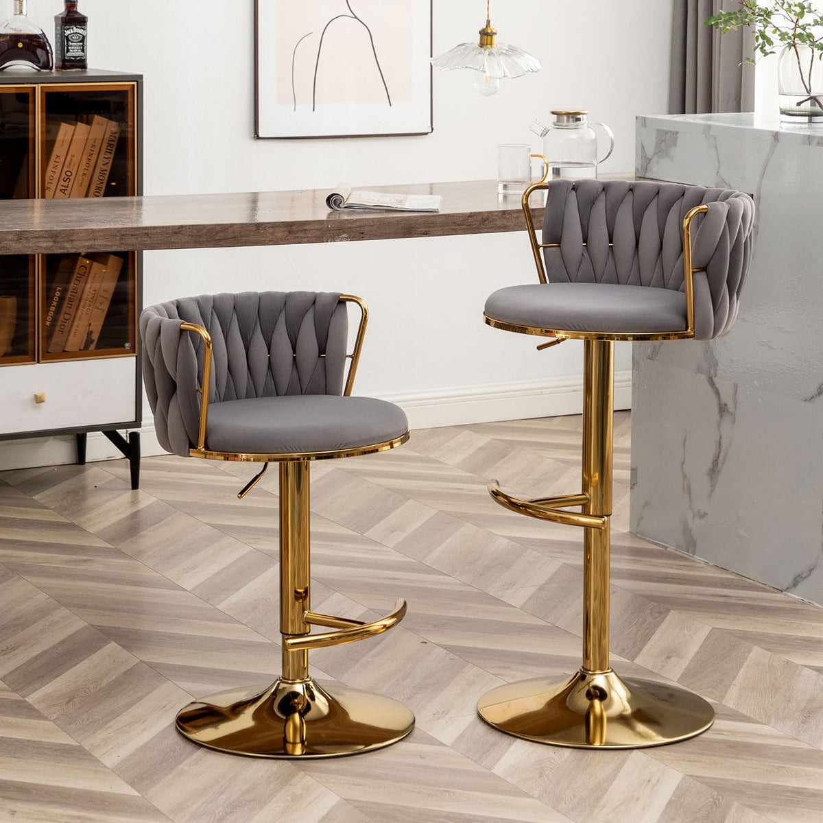 Gold Velvet Bar Stools Set of 4, Swivel Counter Height Bar Stools with Back, Adjustable Woven Barstools for Kitchen Island, Pub, Club (Grey)