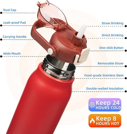 BJPKPK Insulated Water Bottles with Straw, 35 oz Stainless Steel Metal Water Bottle with One-handed Opening Lid, BPA Free Sport Jugs, Flasks for Men & Women, Red