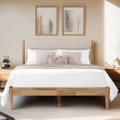 Wood Bed Frame with Upholstered Headboard, Oat, Queen