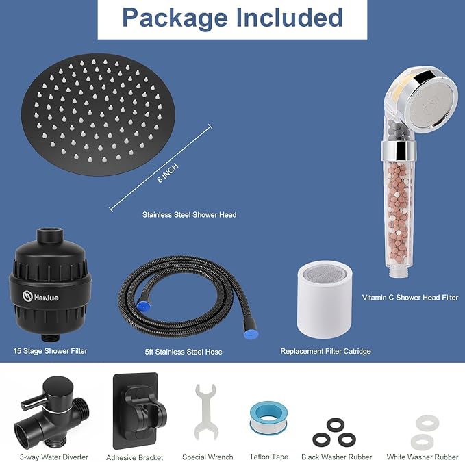 HarJue Filter Shower Head, High Pressure 8 Inch Rainfull with Filter Combo for Hard Water, Remove Chlorine Fluoride and Harmful Substances- 1 Replaceable Filter Cartridge (Round, Matte Black)