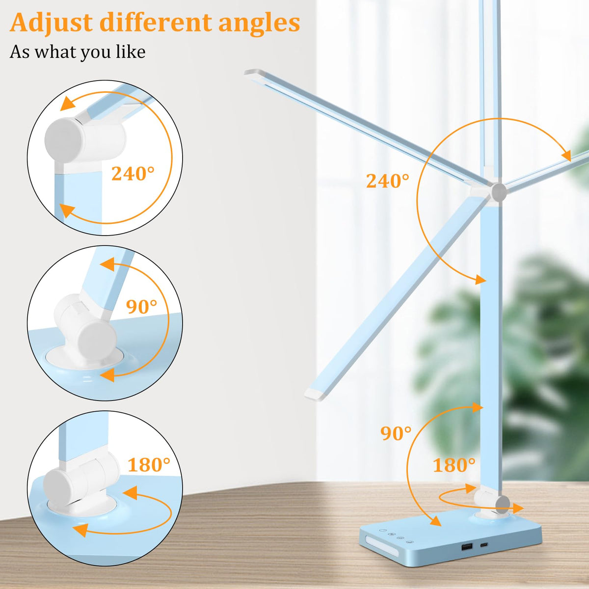 LED Desk Lamp with USB Ports,Touch Desk Lamps for Home Office with 5 Color Modes,3 Brightness Desk Light with Small Night Light,Reading Lamp Table Lamp for Bedroom Bedside Study Blue （with adapter）