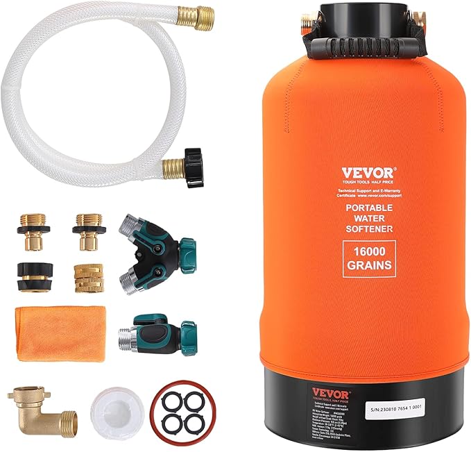 VEVOR RV Water Softener, 16,000 Grain Portable Water Softener, with 3/4" Brass Fittings and 42" Hose, Soften Hard Water Filter System for RVs, Trailers, Boats, Mobile Car Washing, Pressure Washing