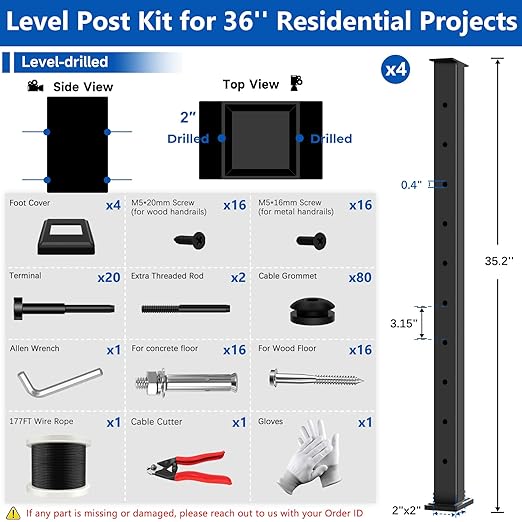 36" Modular 12-16FT Black T304 Cable Railing Post Kit, Complete Cable Railing System with 4 Level Posts & 177ft 1/8" Wire Rope(No Handrail), Adjustable Length Easy DIY for Decks/Porch