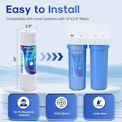 ICEPURE 10 Micron 10" x 2.5" String Wound Sediment Water Filter Cartridge for Well filter Universal Replacement for Any 10 inch RO Unit, WP-5, Aqua-Pure AP110 CFS110 Culligan P5 WFPFC4002 CW-MF, 3PACK
