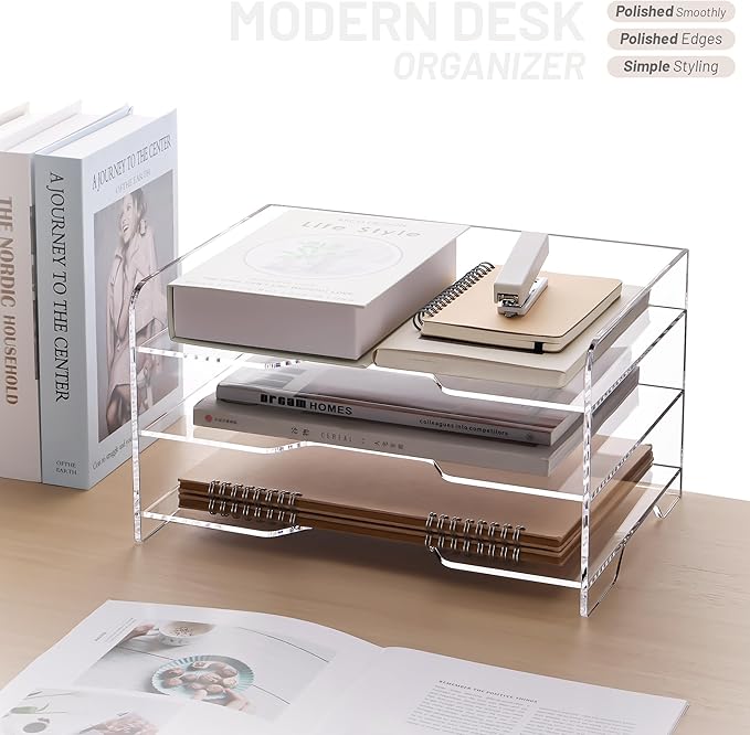 SANRUI Paper Letter Tray Organizer 3 Tier Acrylic Desk File Organizer with Bottom Handle, Paper Sorter Organizer for Letter/A4 Office Organization,Clear