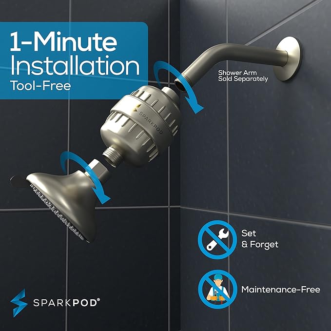 SparkPod 23-Stage Filtered Shower Head with 3 Spray Settings - High Pressure Shower Head with Filters for Dry Hair and Skin - Showerhead with Filter Reduces Chlorine & Heavy Metals (Brushed Nickel)