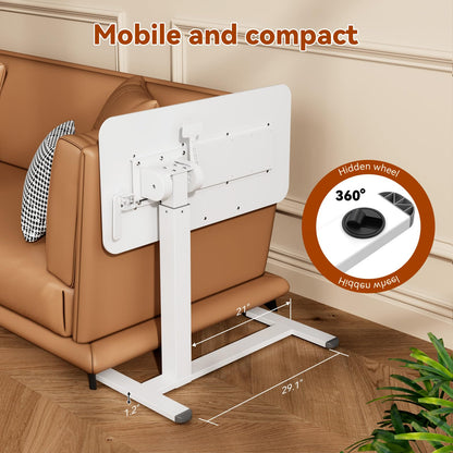 Mobile Standing Desk, Height Adjustable Left/Right Overbed Bedside Table, 90° Tiltable Portable Laptop Desk with Wheels, Foldable Computer Cart for Hospital Home Use, White