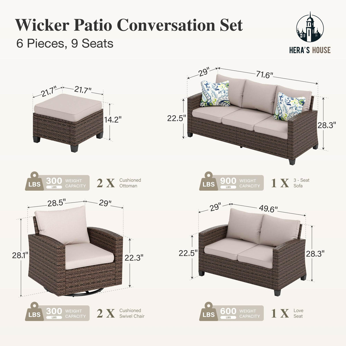 Outdoor Patio Furniture Set with Swivel Glide Chairs, 6 Pieces Wicker Patio Conversation Sofa Sets for Backyard Porch Deck, Beige