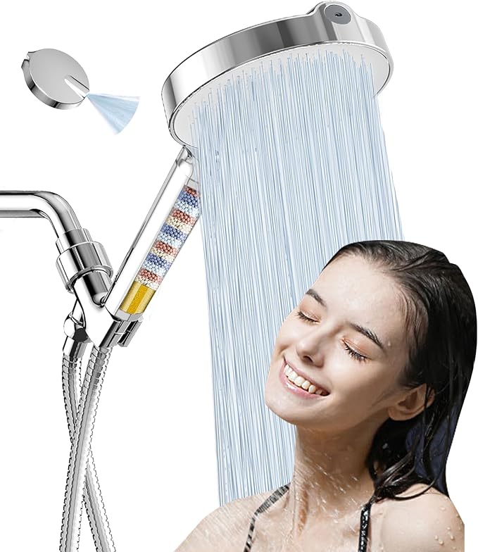 6“ Filtered Shower Head with Handheld, 6 Modes High Pressure Shower Head with Filter for Hard Water, Detachable Showerhead with Stainless Steel Hose and Shower Arm Bracket, Chrome-White