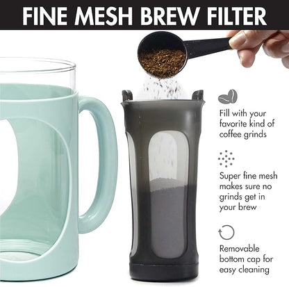 Primula Burke Deluxe Cold Brew Iced Coffee Maker, Comfort Grip Handle, Durable Glass Carafe, Removable Mesh Filter, Perfect 6 Cup Size, Dishwasher Safe, 1.6 qt, Aqua