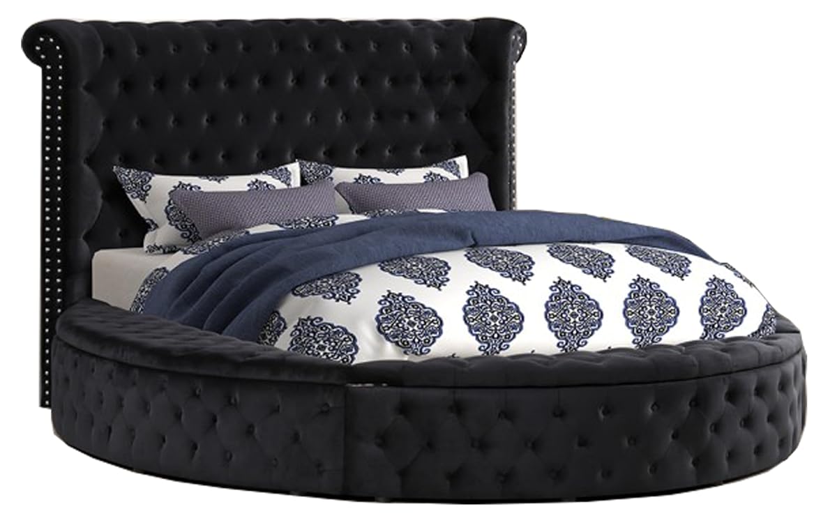 Velvet Tufted Platform Storage Bed, Circle Bed with Button Tufting, Storage Compartments in Rails and Footboard (Black, Eastern King)