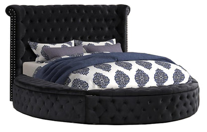 Velvet Tufted Platform Storage Bed, Circle Bed with Button Tufting, Storage Compartments in Rails and Footboard (Black, Eastern King)