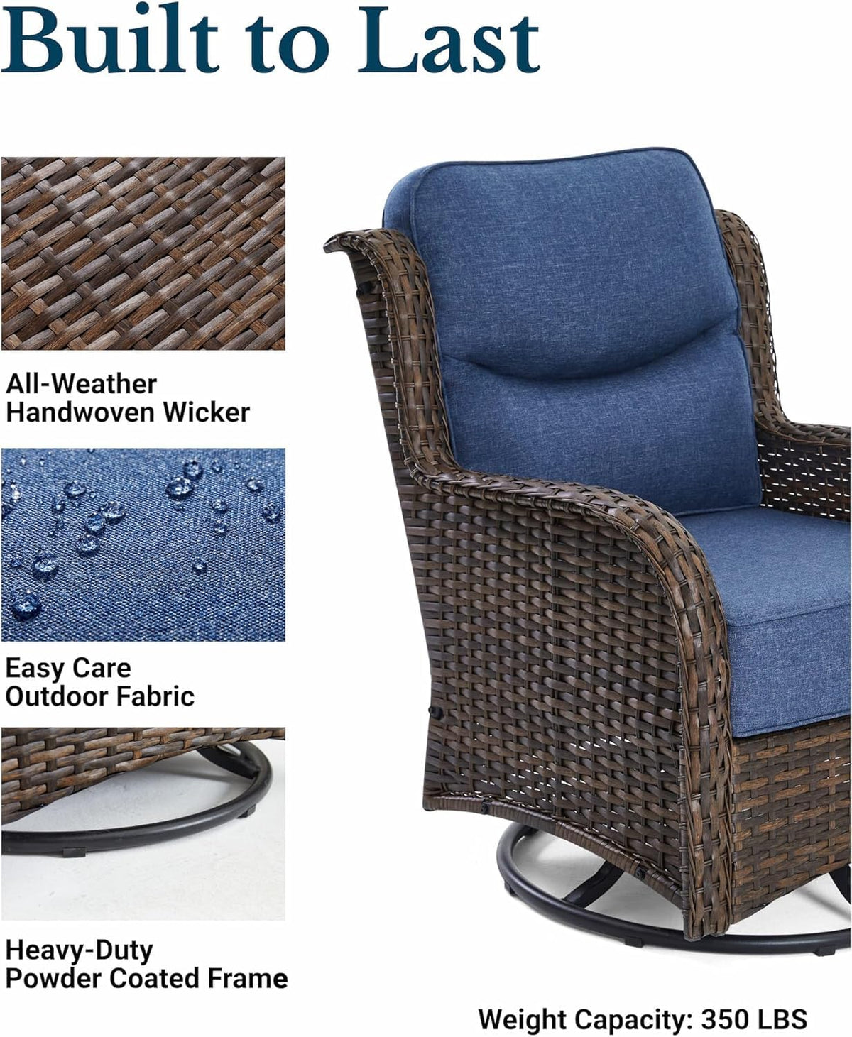 Luxury Patio Furniture Set with 6-inch Thick Cushion, Outdoor High Back Swivel Rocker Patio Chairs, 6PCS Wicker Conversation Set for Deck Yard and Poolside, Blue (V2)