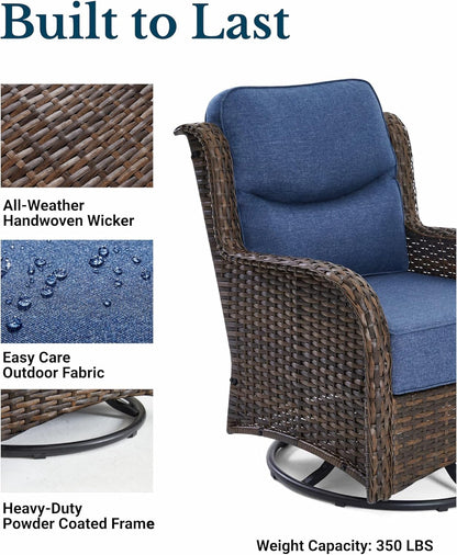 Luxury Patio Furniture Set with 6-inch Thick Cushion, Outdoor High Back Swivel Rocker Patio Chairs, 6PCS Wicker Conversation Set for Deck Yard and Poolside, Blue (V2)