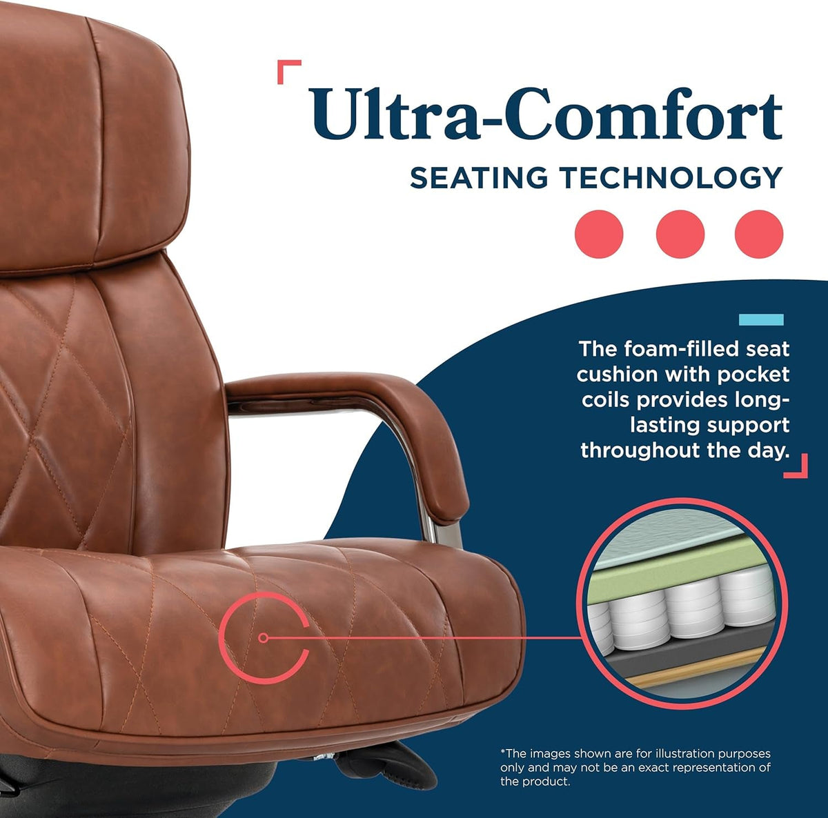 Symphony Executive Mid-Back Office Chair, Diamond Quilt Seat and Back, Pocket Coil Cushion, Padded Armrests, Ergonomic Computer Deskchair, Swivel Metal Base, Bonded Leather, Cognac/Graphite