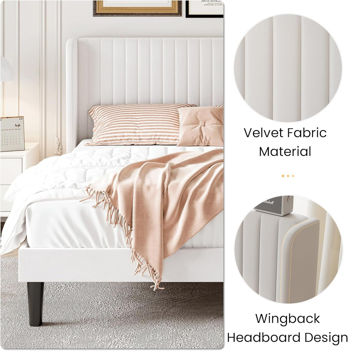 Full Size Velvet Bed Frame with Vertical Channel Tufted Wingback Headboard, Upholstered Platform Bed with Wood Slats, No Box Spring Needed, Easy Assembly, White
