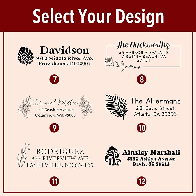 Custom Floral Address Stamp | Choose from 12 Designs | Multiple Ink Color Options | Envelope Return Address Stamp for Couple or Family (Design 1, Medium)