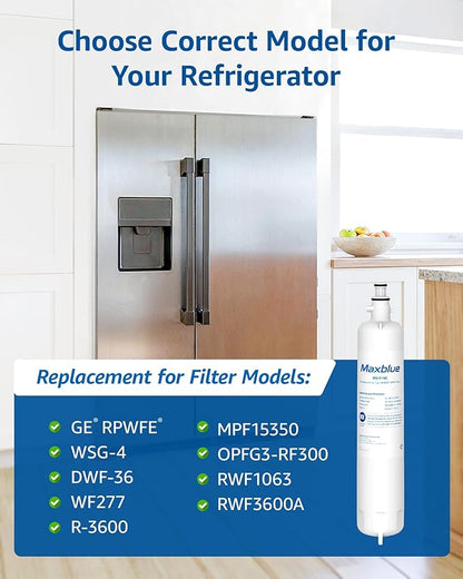 Maxblue Replacement for GE® RPWFE®, RPWF (with CHIP) Refrigerator Water Filter, Compatible with WSG-4, WF277, GFE28GMKES, PFE28KBLTS, GFD28GSLSS, PWE23KSKSS, GYE22HMKES, DFE28JSKSS, 4 Filters
