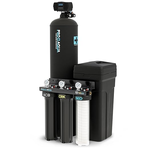 PRO+AQUA PRO-E-S80E Elite Whole House Water Filtration System & 80,000 Grain Water Softener Combo – High-Capacity Combo for Large Homes & Well Water Use