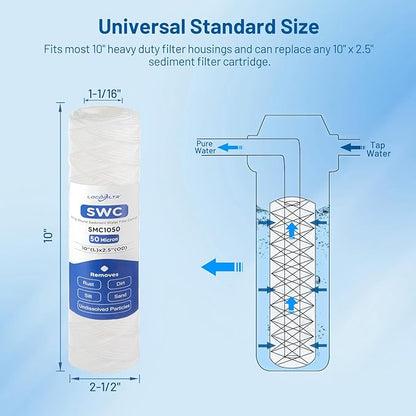 Whole House 50 Micron 10" x 2.5" String Wound Sediment Well Water Filter Cartridge Replacement for CW-50, CW-MF, W50W, SWC-25-1050, SP-CW50, WPP-F10-50, SF50-978, FXWSC, AO-WH-PRE-R2 (Pack of 6)