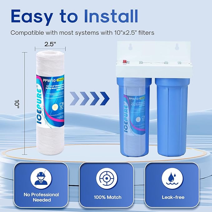 5 Micron 10" x 2.5" String Wound Sediment Water Filter Cartridge for Well filter Universal Replacement for Any 10 inch RO Unit, WP-5, Aqua-Pure AP110, CFS110, Culligan P5, WFPFC4002, WP-5, CW-MF,4PACK