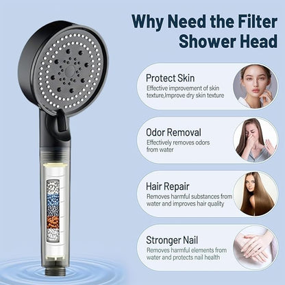 High Pressure Shower Head Black with Hose, 5-Spray Filtered Showerhead with No-Drill Holder, Water Softener Beads & ON/OFF Switch for Daily & Pet Care, Removes Chlorine, Softens Hard Water