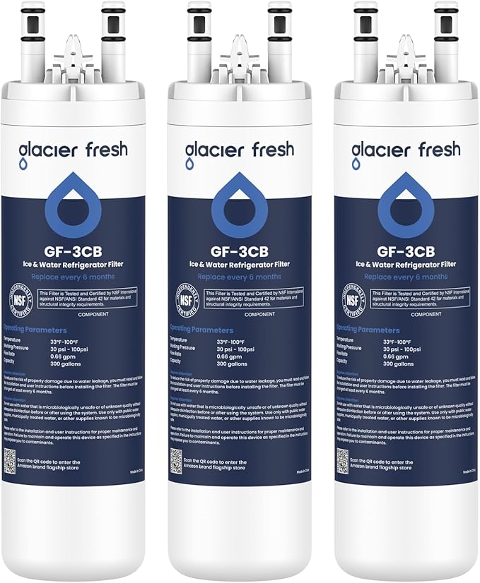 GLACIER FRESH WF3CB Refrigerator Water Filter Replacement for PureSource 3, 706465, WF425, PS3412266, AP4567491, 242017800 Refrigerator Water Filter, Pack of 3