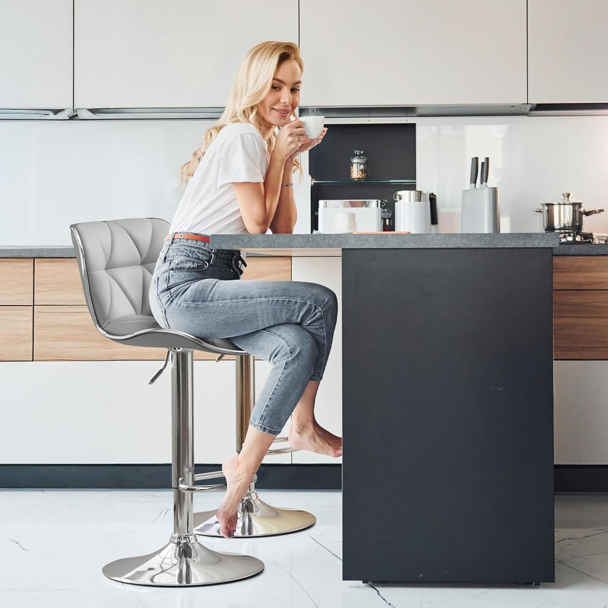 Bar Stools Set of 2, PU Leather Swivel Adjustable Barstools with Shell Back, Bar Chairs with Foma Padded for Home, Kitchen, Light Grey