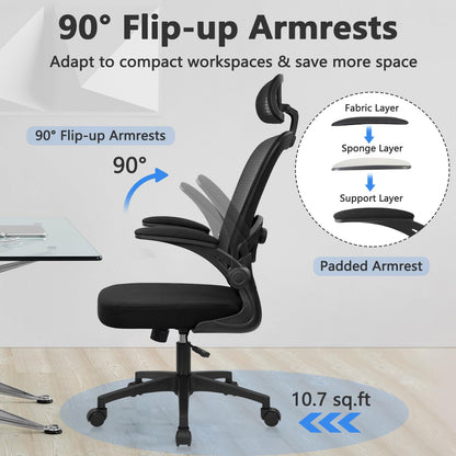 Home Office Desk Chair with Flip Up Armrests, Mesh Back Chair with Adjustable Height Lumbar Support and Headrest, Ergonomic Computer Task Chair for School, Conference, Black(2PK)