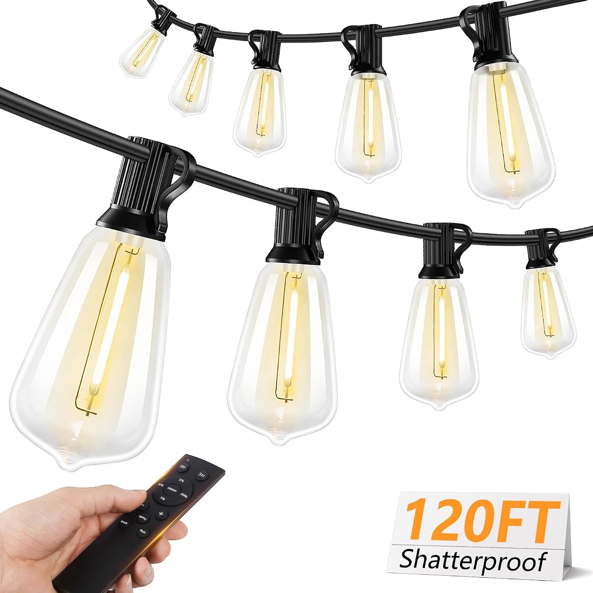 120FT LED Outdoor String Lights with Remote, Patio Lights Outdoor Waterproof with 36+2 Shatterproof ST38 LED Bulbs, Dimmable Outside Hanging Light for Porch, Garden, Backyard, Cafe, 2700K