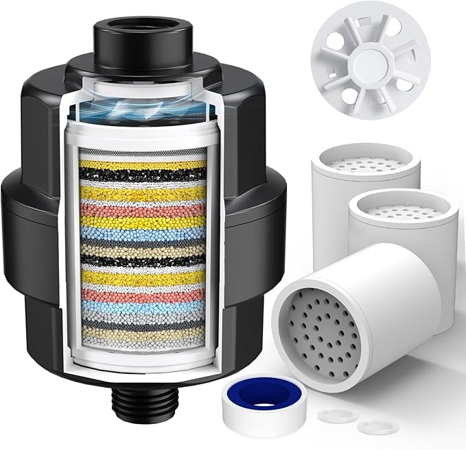 20-Stage Shower Filter-Shower Head Filter for Hard Water, with 3 Replaceable Cartridges, High Output Shower Water Filter for Removing Chlorine and fluoride,Black
