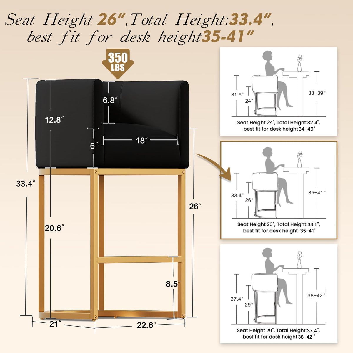 26" Modern Counter Height Bar Stools,PU Leather Upholstered Barrel Barstools with Backs,Island Chairs Bar Stools Set of 1,Metal Gold Frames,Black Leather