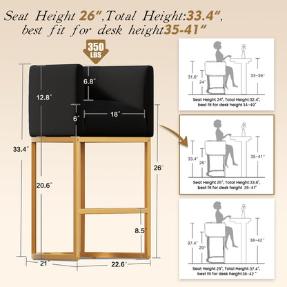 26" Modern Counter Height Bar Stools,PU Leather Upholstered Barrel Barstools with Backs,Island Chairs Bar Stools Set of 1,Metal Gold Frames,Black Leather