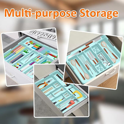 Large Utensil Drawer Organizer Expandable Silverware Organizer for Kitchen Drawer Adjustable Cooking Utensil Holder Cutlery Flatware Tray Spatula Tools Gadgets Storage Dividers Plastic Turquoise