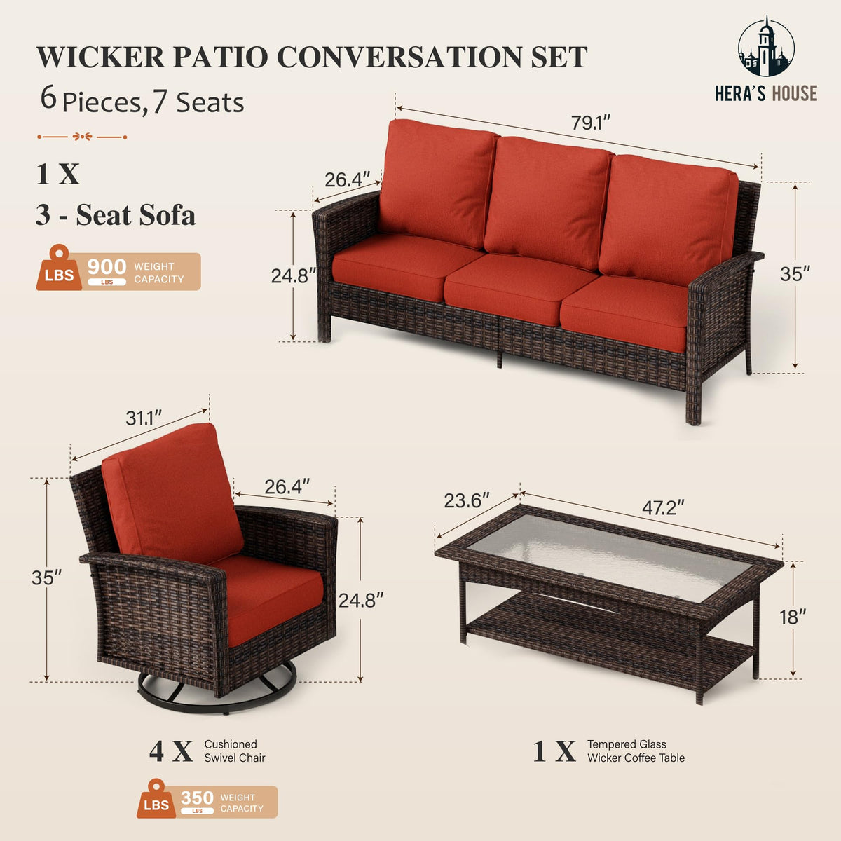 Red Patio Furniture Set, 35" High Back Swivel Chair with 5.5" Thick Cushions, Oversized Outdoor Wicker Conversation Set for Deck Garden Poolside Backyard Lawn