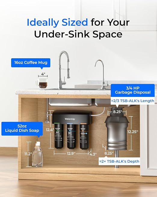 Waterdrop TSB-ALK 8 Layer Slightly Alkaline Under Sink Water Filter System | Reduces PFAS, PFOA/PFOS, Fluoride, Chlorine, Bad Taste & Odor, with Dedicated Faucet, Under Sink Water Filtration System