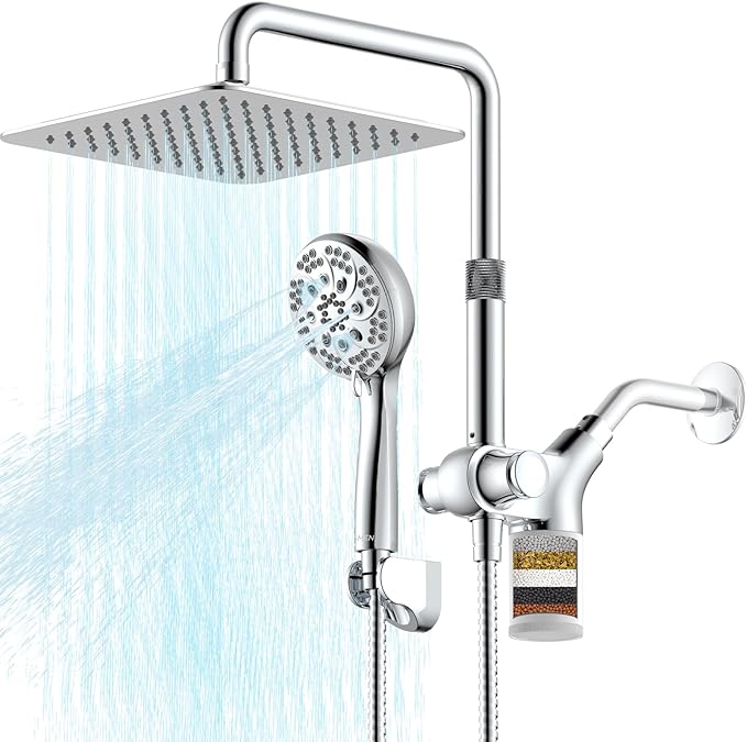 Ryamen Upgraded Dual Shower Heads Combo, 10 inch Filtered Shower Head with Handheld, 3-Way Rain Shower Head with Filters, 7 Settings Handheld Spray, High Pressure, Height Adjustable (Silver)