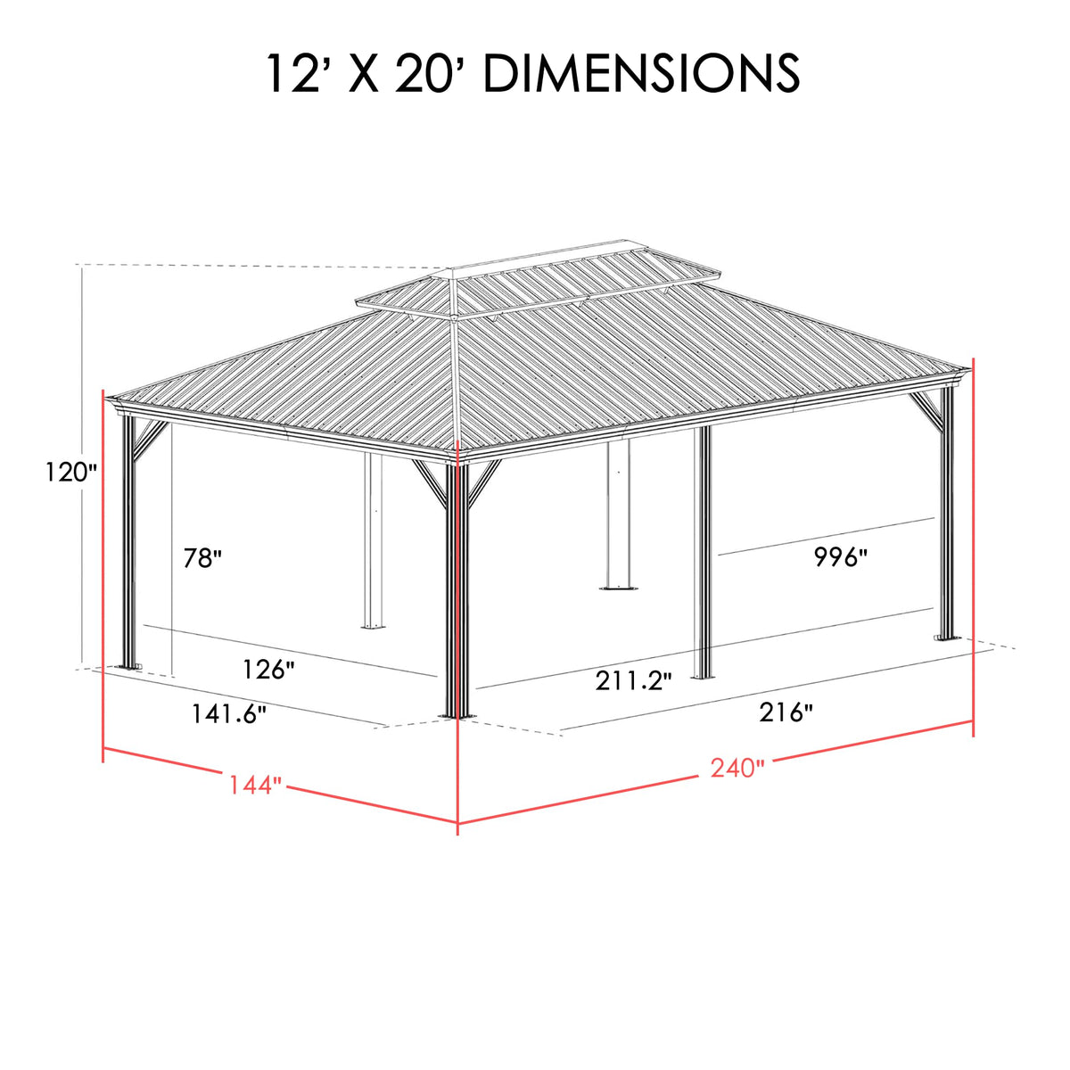 12' x 20' Hardtop Gazebo, Aluminum Frame with Galvanized Steel Double Roof, Outdoor Permanent Pavilion with Curtains and Netting for Patio, Backyard, Deck, Lawn (Brown)