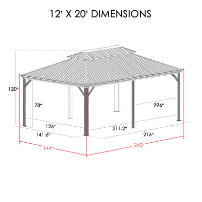 12' x 20' Hardtop Gazebo, Aluminum Frame with Galvanized Steel Double Roof, Outdoor Permanent Pavilion with Curtains and Netting for Patio, Backyard, Deck, Lawn(Gray)